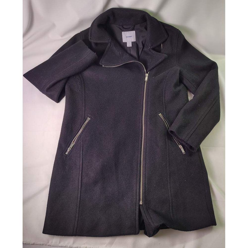 Old Navy Womens Black Soft Brushed Long Moto Asymmetrical Zip Jacket Coat Size M